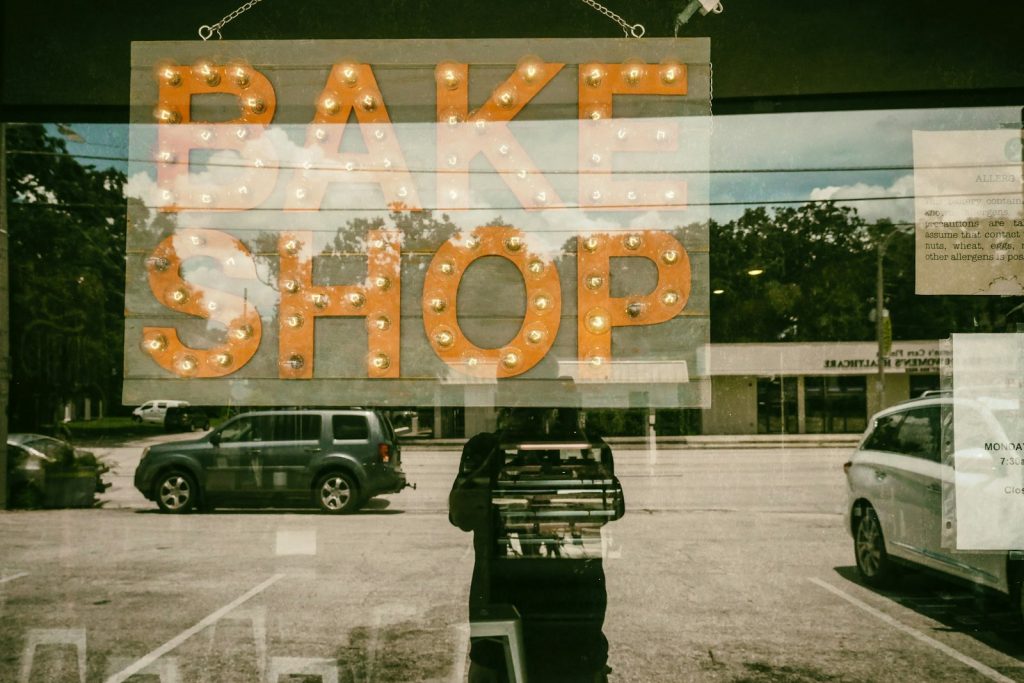 Bake shop sign in a window