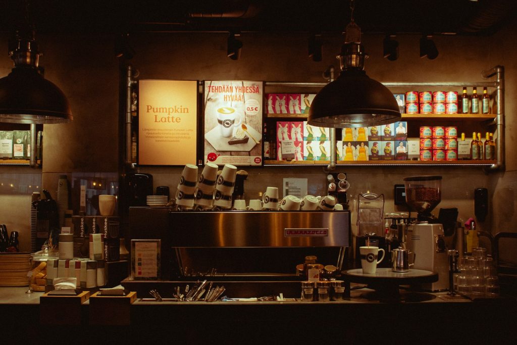 Café counter under pendant lamps