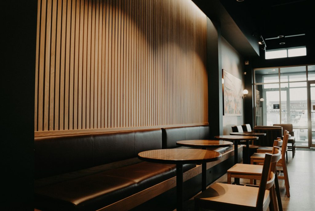 Cozy café seating with wooden tables