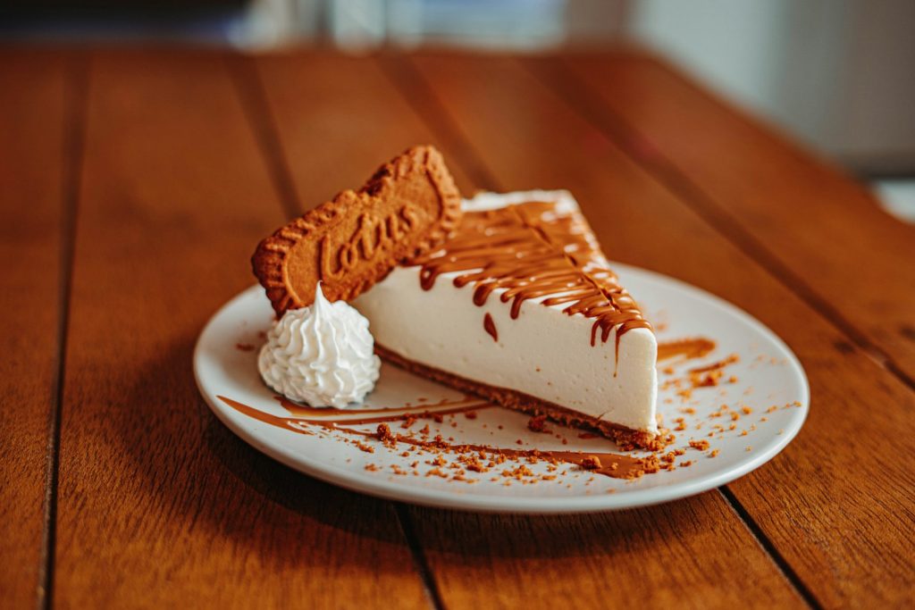 Slice of cheesecake on a white plate