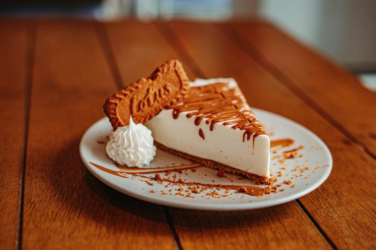 Slice of cheesecake on a white plate
